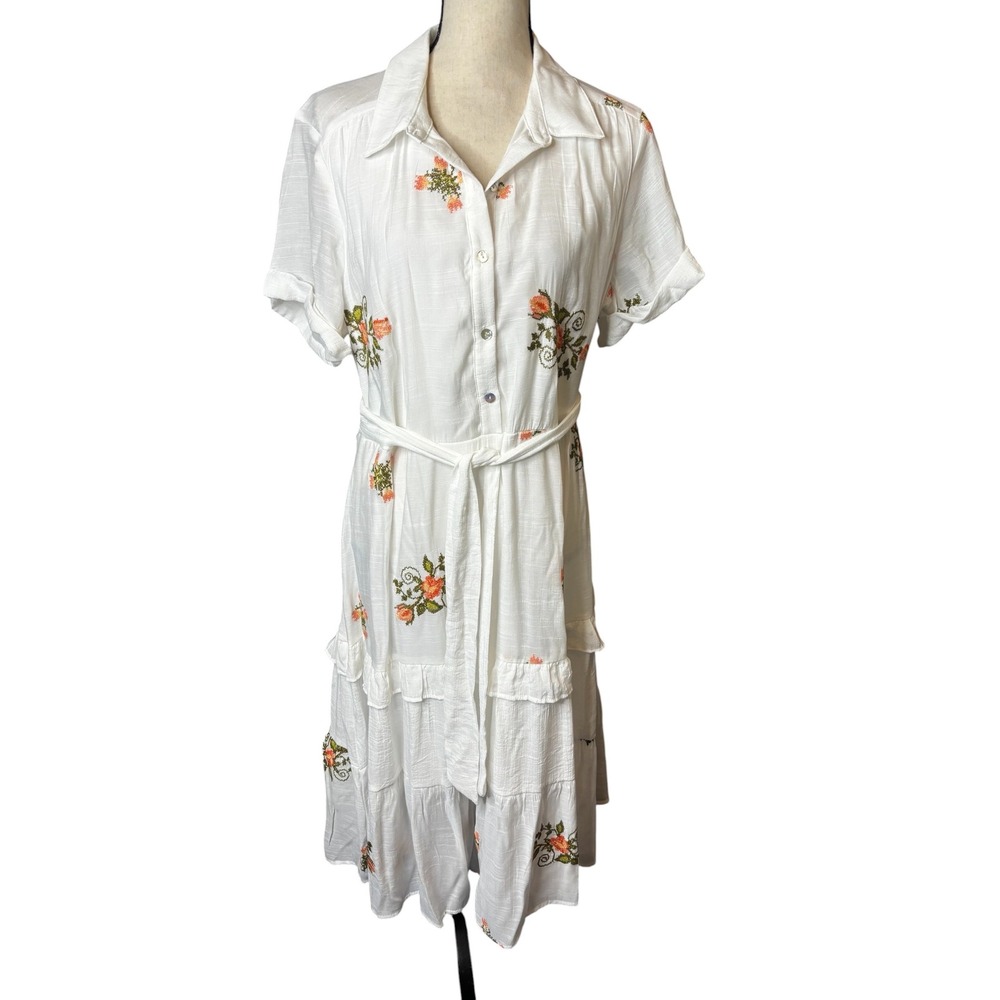 Fig + Flower White Floral Embroidered Shirt Dress Midi Tiered Belted Large